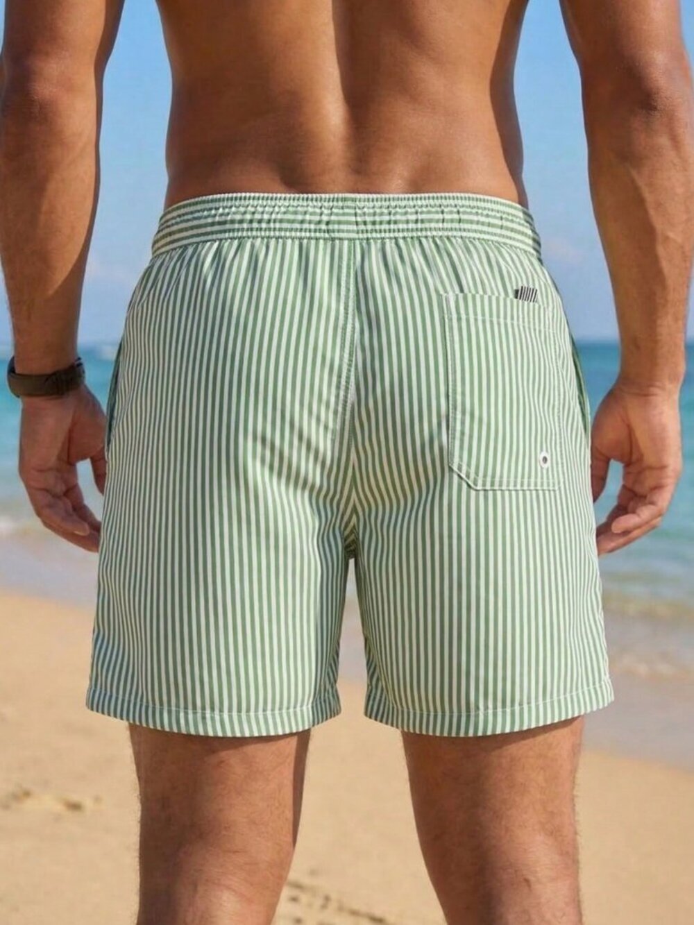 Multicolor Men's Vertical Striped Drawstring Waist Swim Trunks - Picture 2 of 5